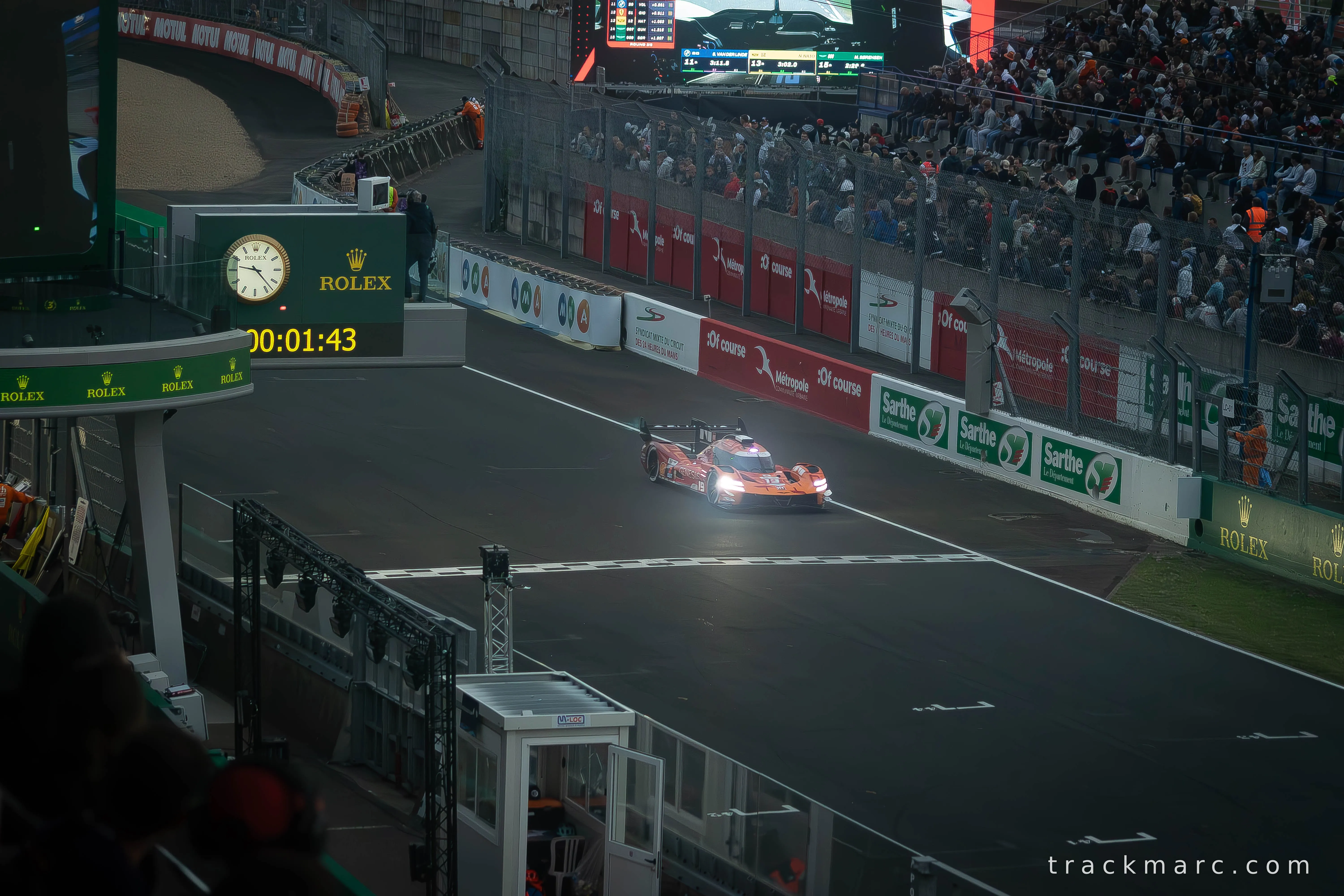 Hypercar Crosses the Line at Dusk