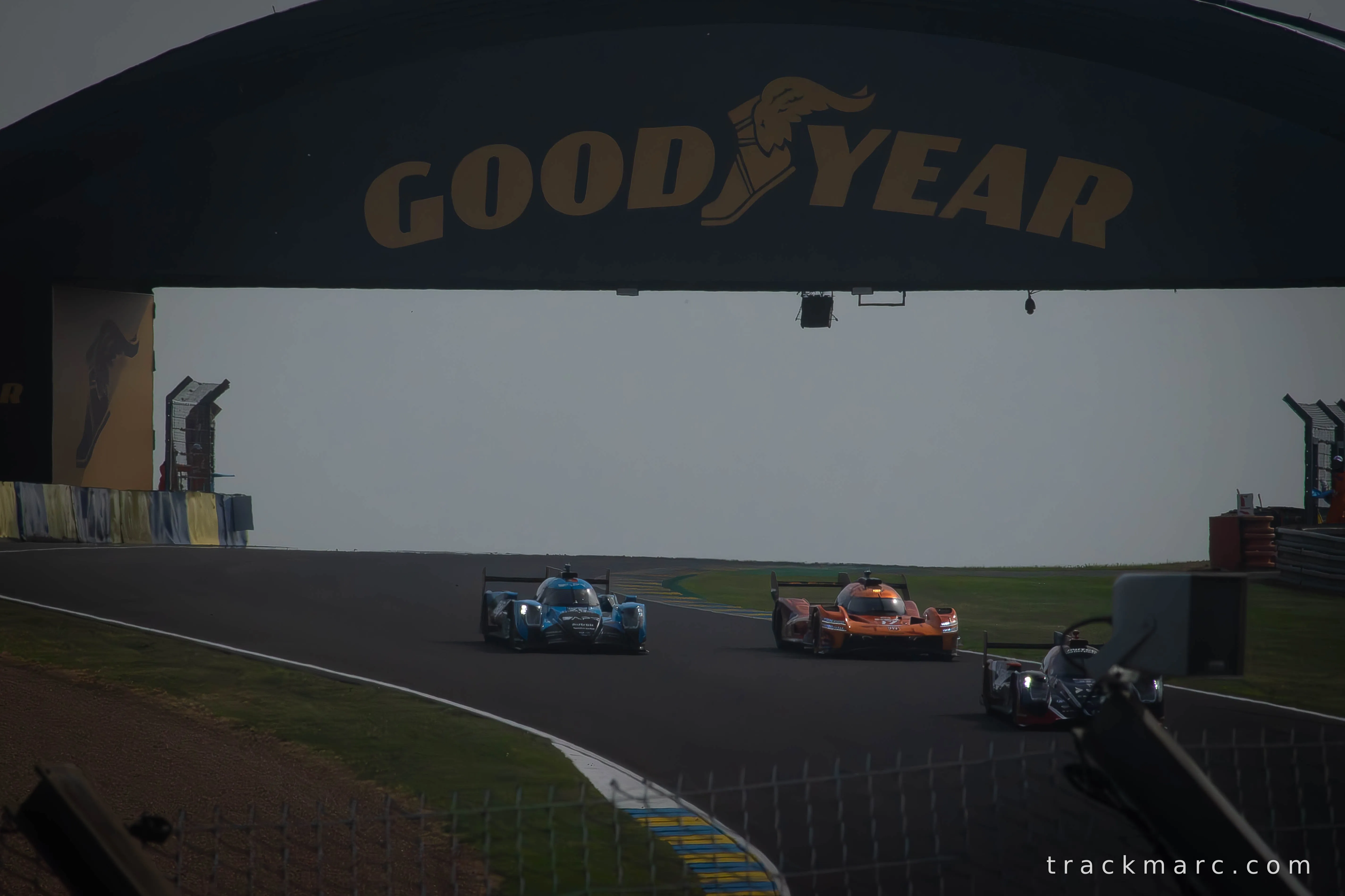Three Prototypes Under the Goodyear Bridge — Le Mans 2026