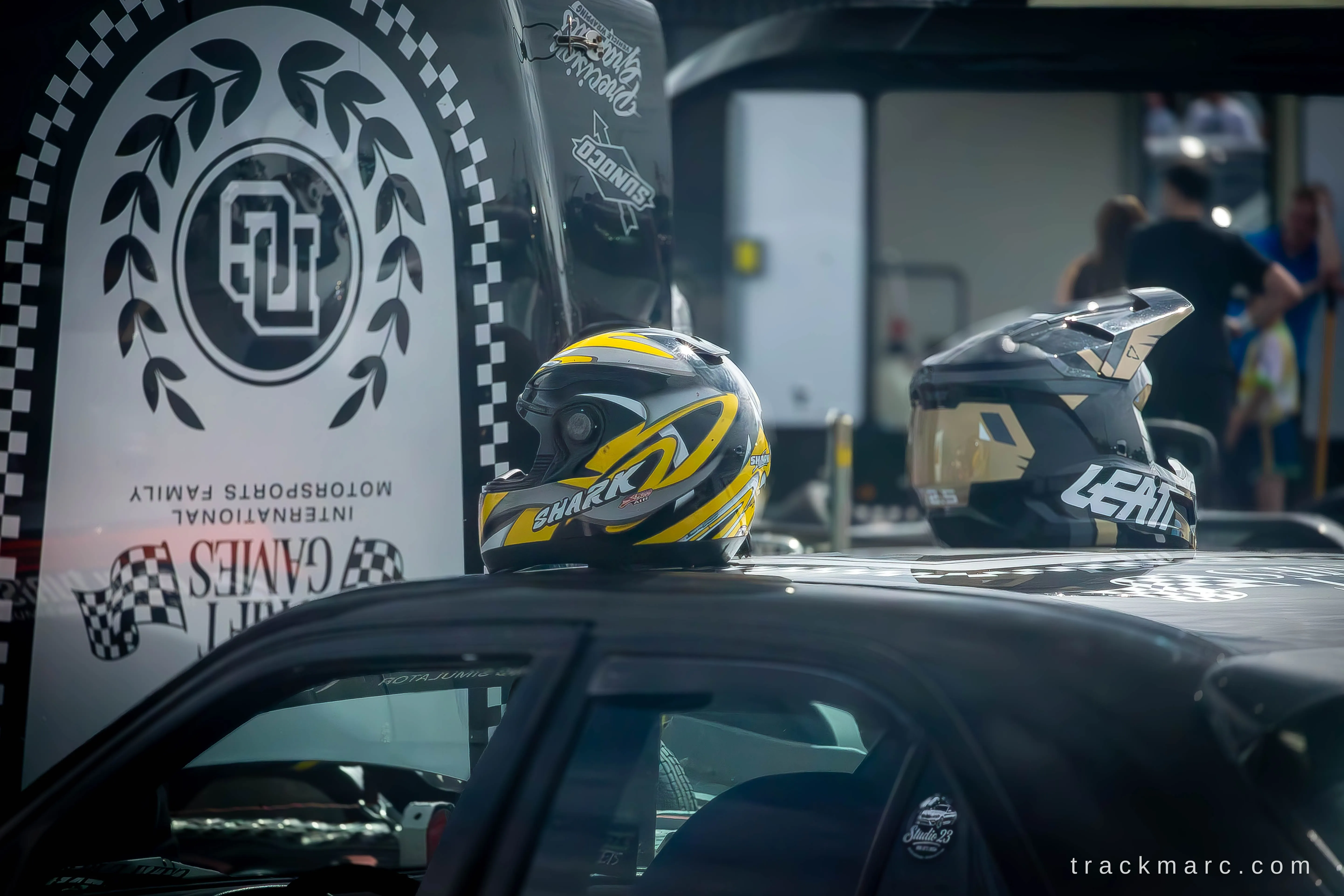 Helmets atop the drift car