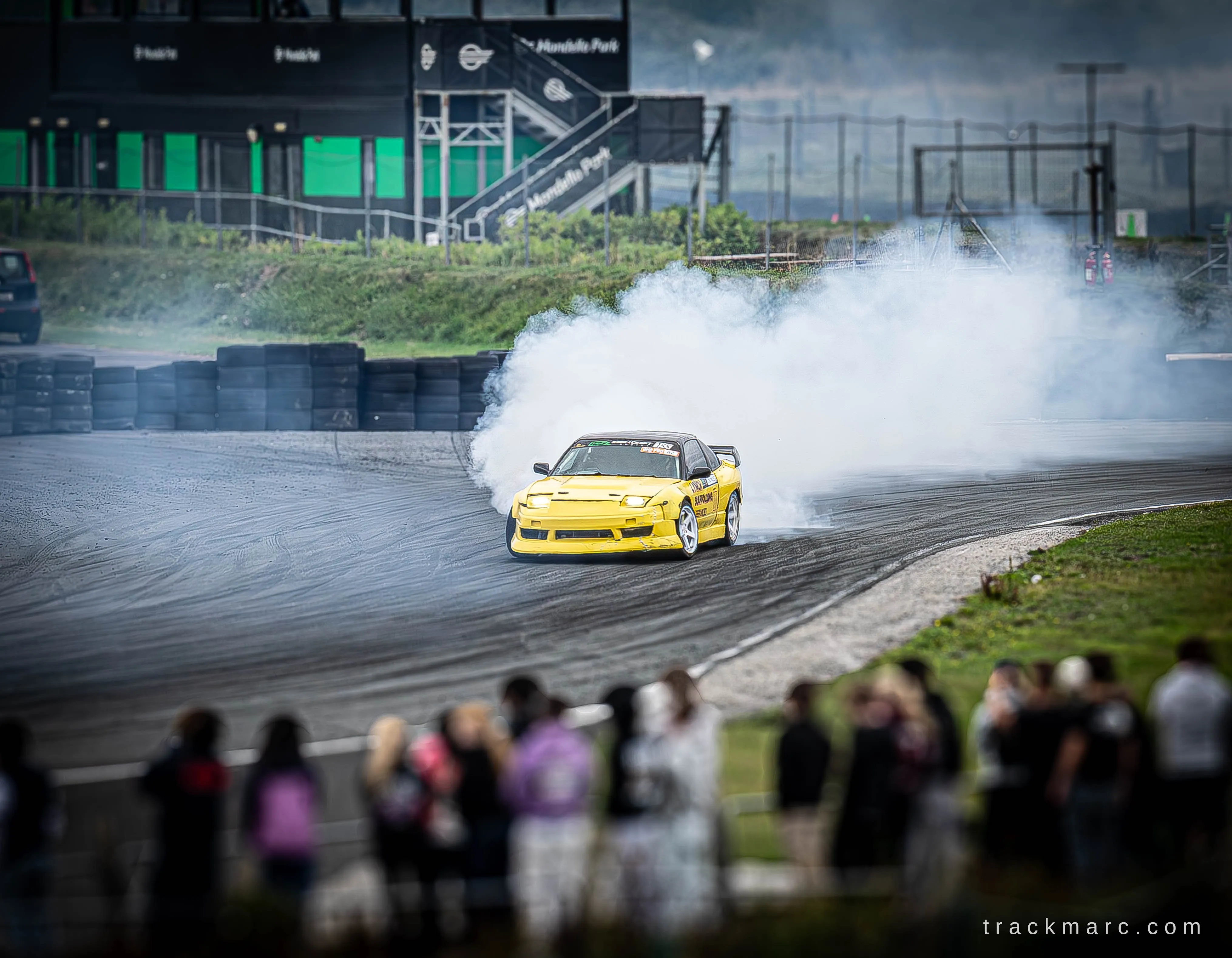 Yellow Nissan 180SX drifting at Mondello Park