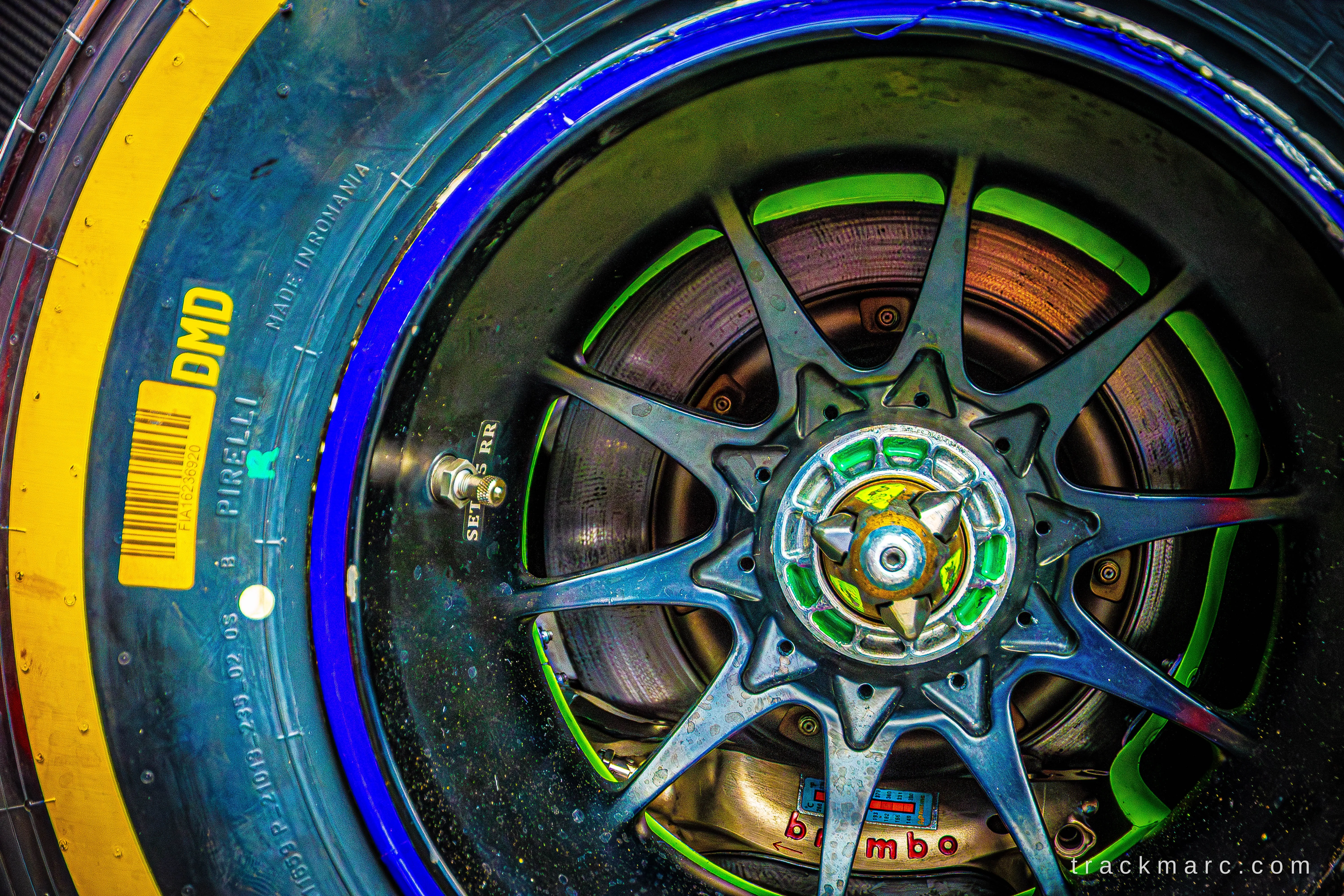 Close-up of a Pirelli slick tyre and Brembo brake setup